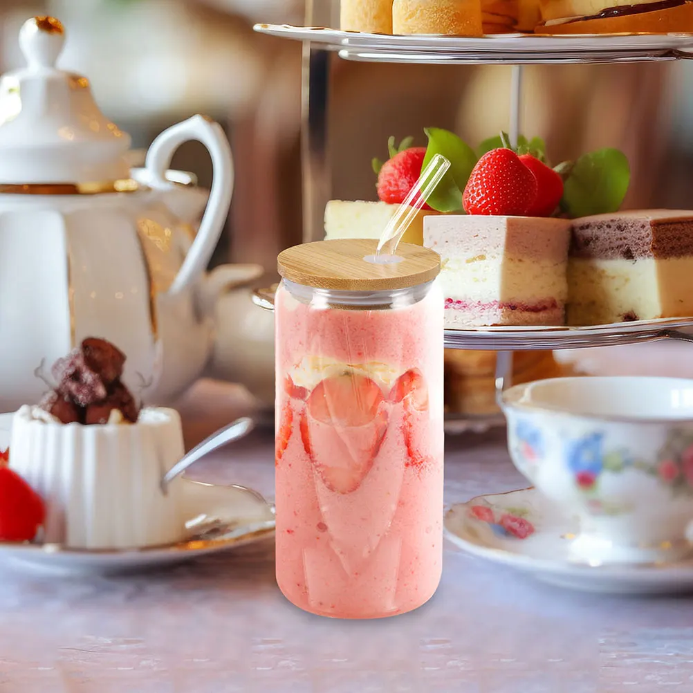أكواب زجاجية مع غطاء وقش متعددة الأغراض كوب شاي مثلج من الخيزران والحليب وعاء عصير الماء صنعة ممتازة #1