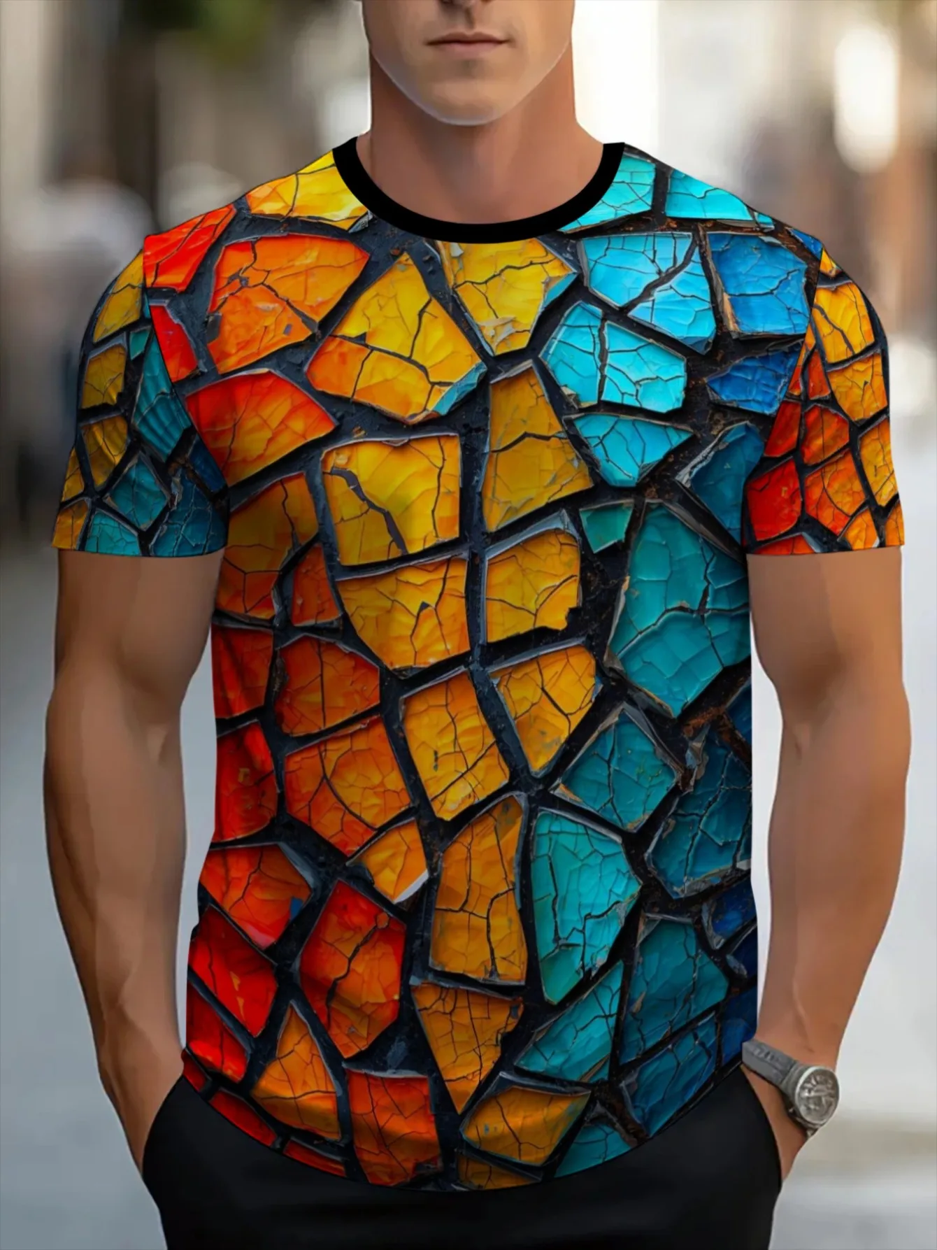 Herren-T-Shirt mit buntem Cracked-Mosaik-Print, schwarz, Rundhalsausschnitt, kurze Ärmel, Street-Casual-Oberteil – Detail 2