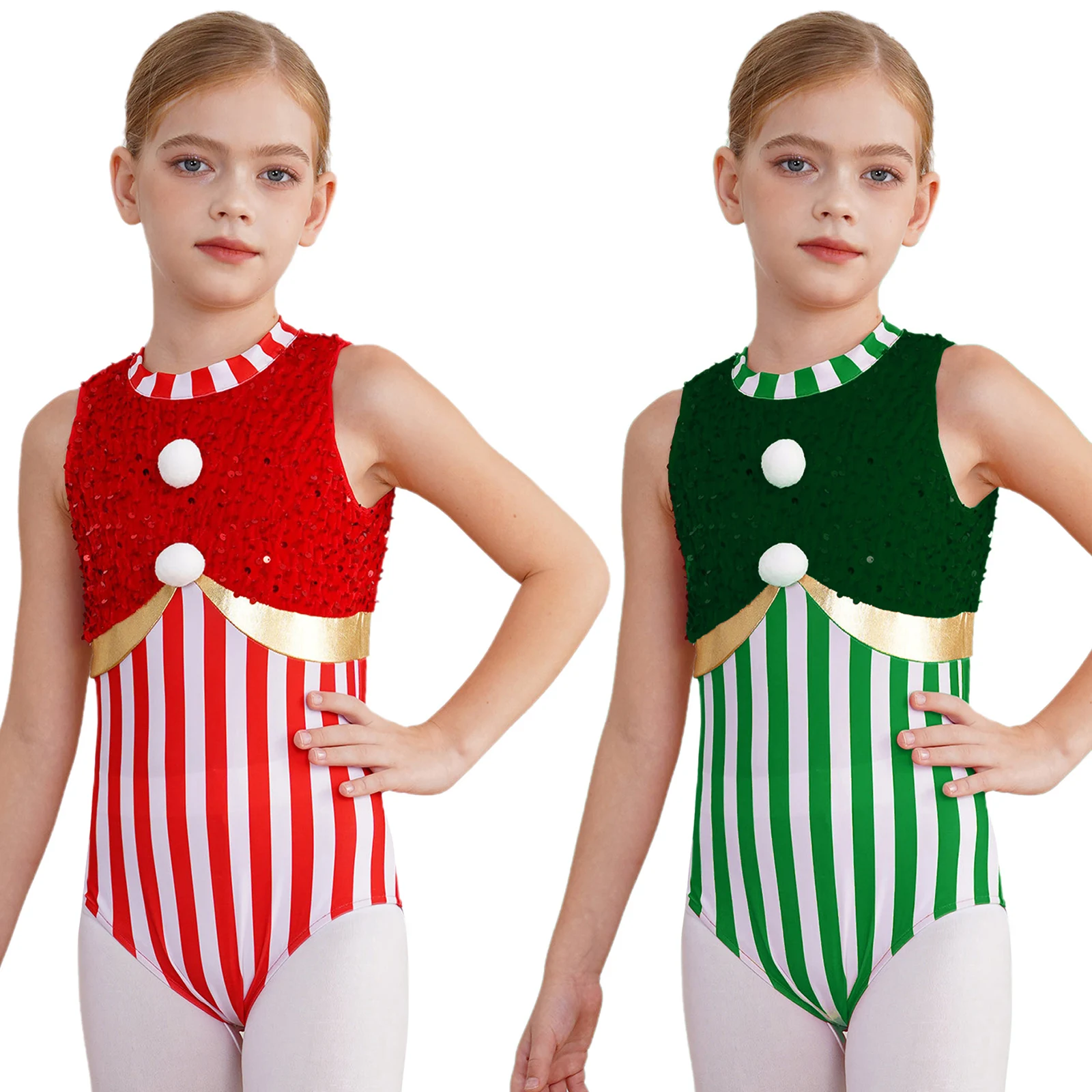 Kid Girls Christmas Ballet Dance Leotard Gymnastics Figure Skating Bodysuit Sleeveless Candy Cane Costume Stripe Sequin Jumpsuit