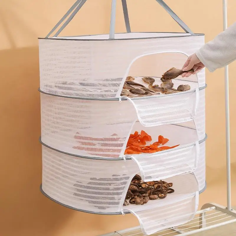 Sun Drying Rack For Food Foldable 3 Layers Dryer Rack With Zippers Portable Strong Nylon Rope Multi-function Food Mesh Dryer For