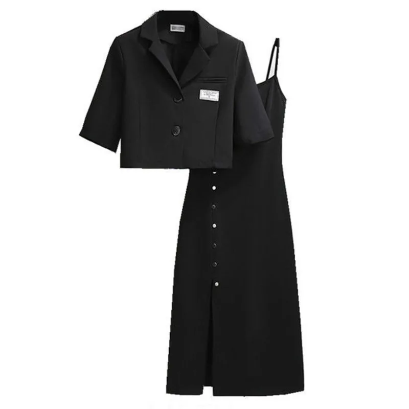 2022 Suit Female Short Sleeve Blazer Suspender Skirt Two Piece Set Solid Slim Black Blazers And Suspender Skirt Dress Summer