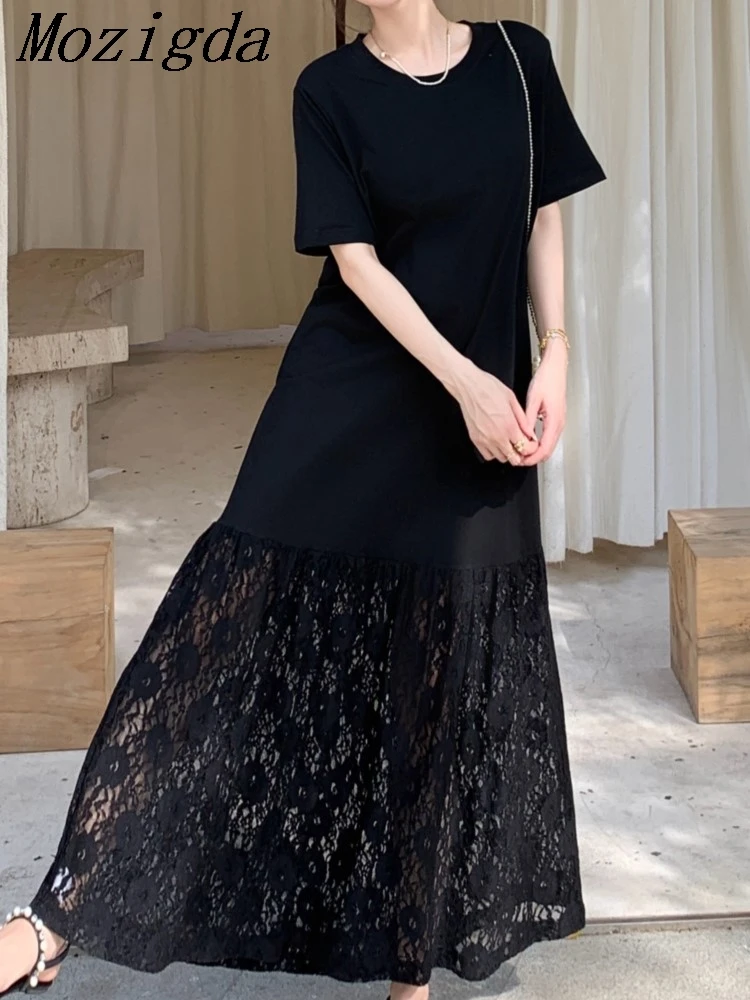 Verão solto renda splice dupla camada ombro manga camiseta vestido preto estilo elegante venda quente da temporada vestidos casuais