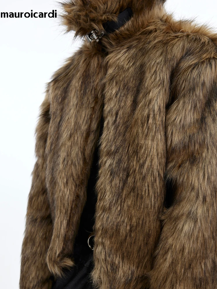 Mauroicardi Winter Short Thick Warm Brown Hairy Soft Faux Fur Coat Men with Turn-down Collar Long Sleeve Fluffy Jackets 2024