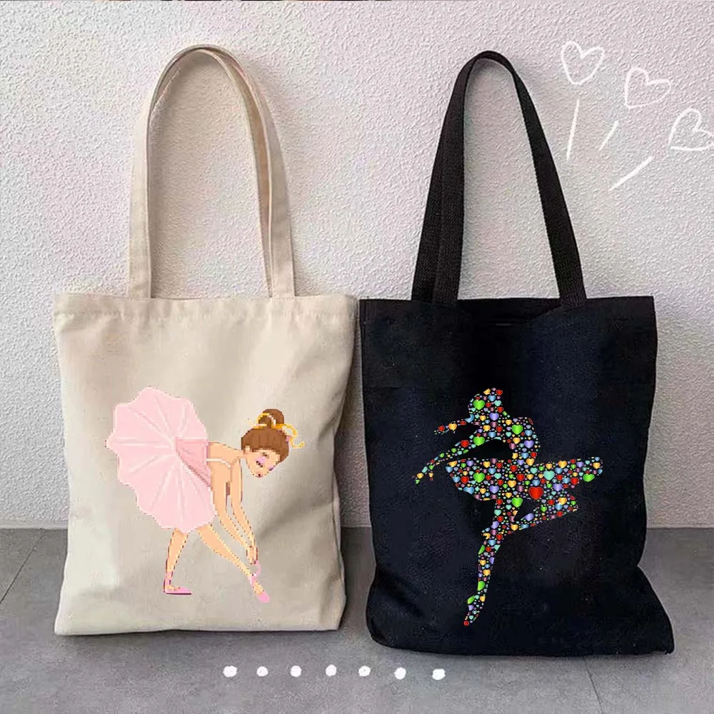 Ballerina Girl Silhouette Hearts Love Dance Ballet Dancer Gymnastics Shopper Harajuku Canvas Totes Bags Cotton Shopping Handbags