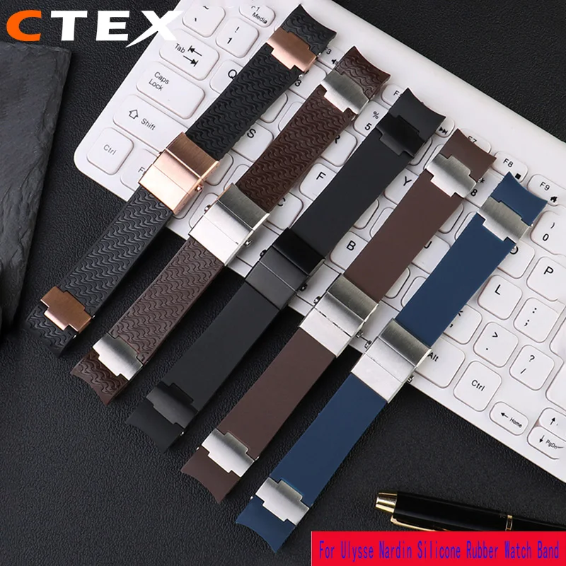 

For Ulysse Nardin Silicone Rubber Watch Band 263 DIVER Curved End strap Black Brown Blue 22mm Waterproof belt watch Bracelets