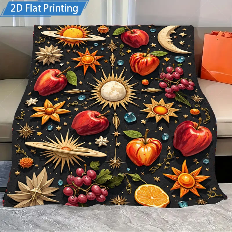 ผ้าห่มฟลานเนลลายผลไม้จักรวาล 1 ผืน ผ้าห่มขนแกะพิมพ์ลาย 2 มิติ ลายแอปเปิ้ลและดวงจันทร์ นุ่มสบาย เหมาะสำหรับเตียงหรือโซฟา