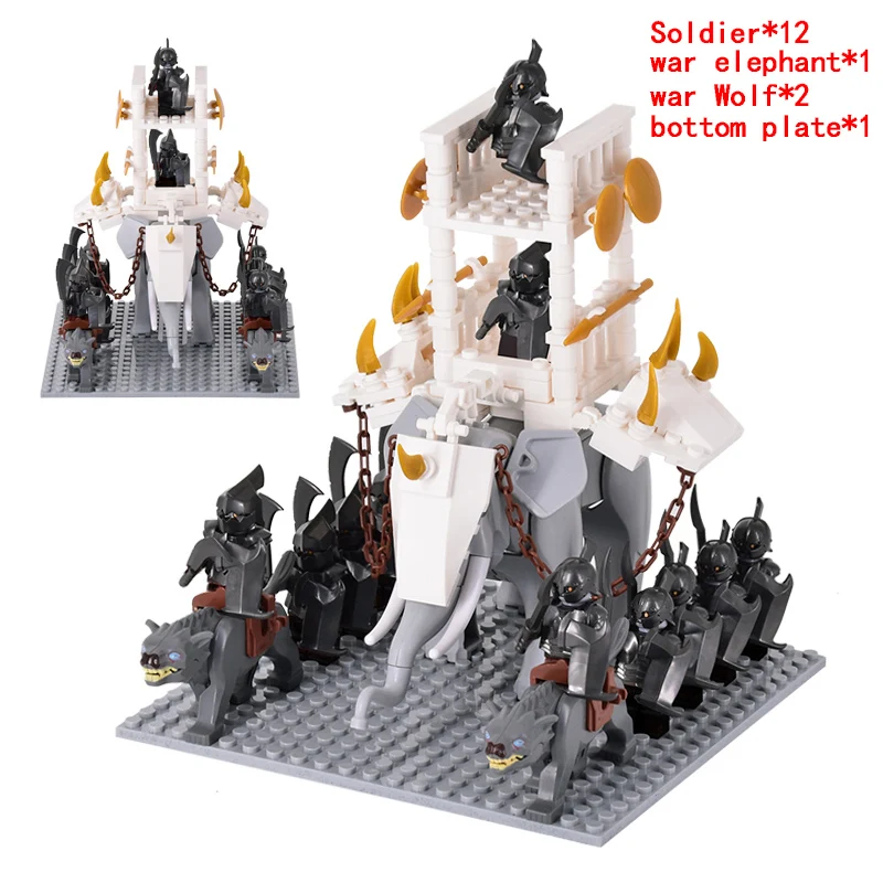 MOC Medieval lotr Figures Orc Soldiers Raider Vargr Wolf Elephant Mount Knights Building Blocks Bricks Toys for children gifts