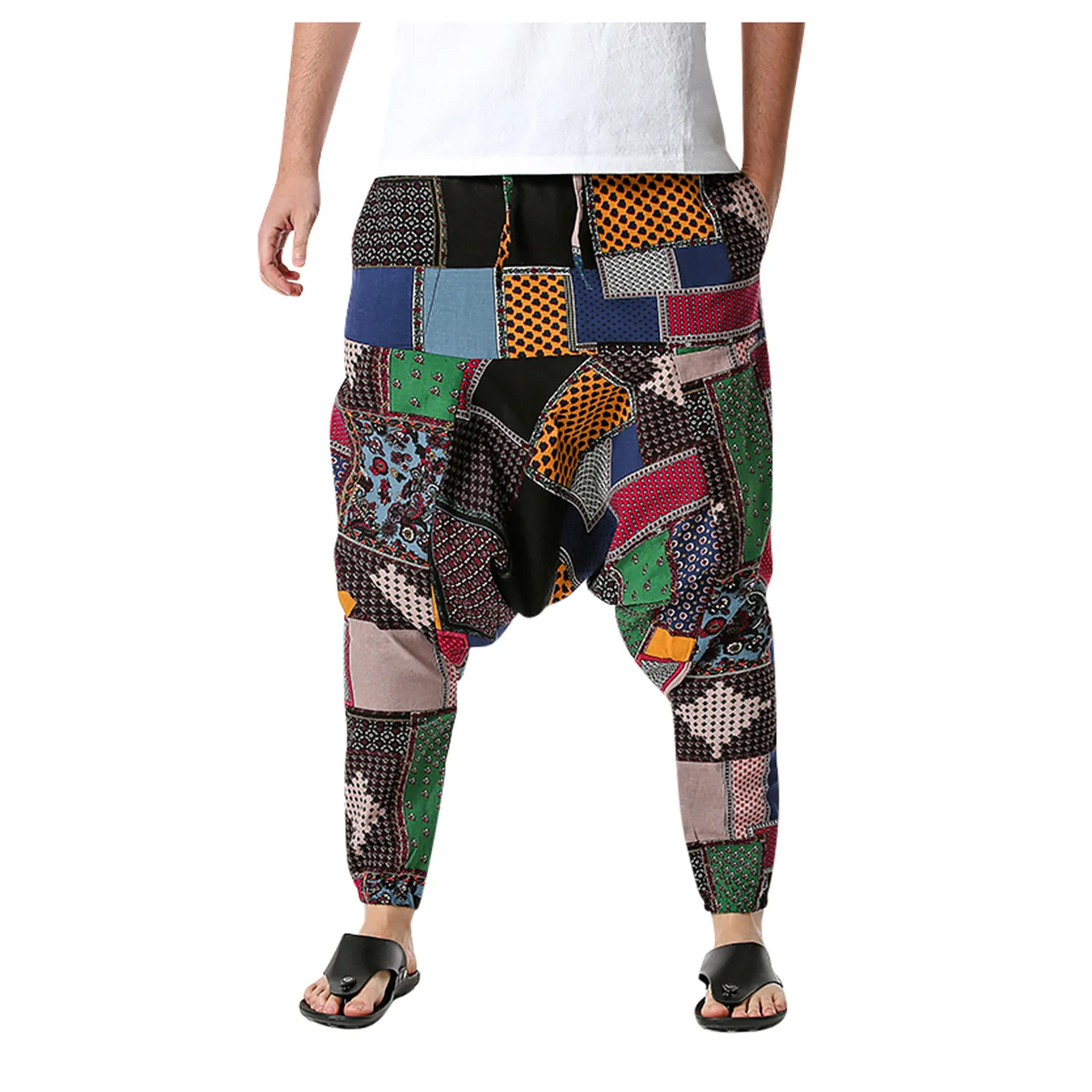 Celana Harem katun Linen pria, celana panjang longgar pinggang elastis Bohemian multiwarna Streetwear pria Drop-crotch