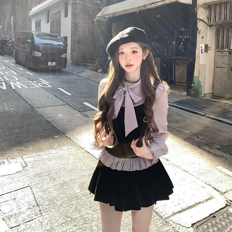 

Фиолетовый женский галстук-бабочка в студенческом стиле, искусственная рубашка из двух частей с длинными рукавами, пышная короткая юбка, костюм