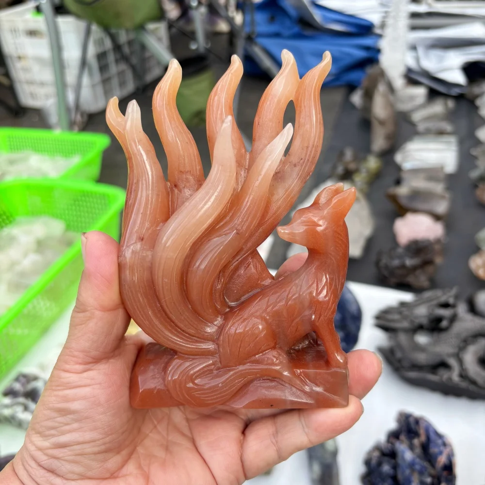 Natural Orange Calcite Nine Tailed Fox Carving, Hand Carved Crystal Fox Statue, Healing Crystal Figurine, Home Decor Crystal