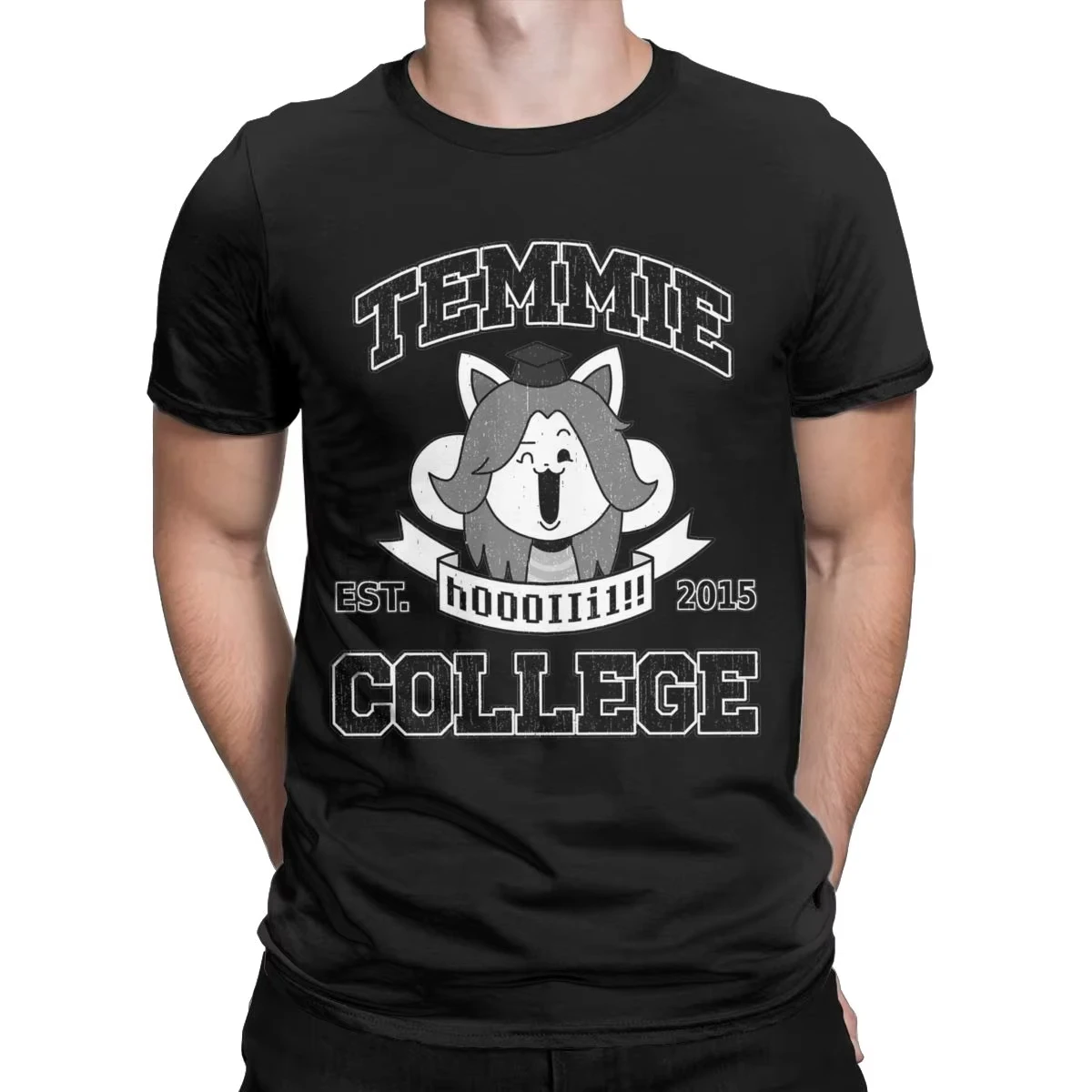 تي شيرت Temmie College Undertale للرجال من القطن الخالص تي شيرت ترفيهي برقبة دائرية تي شيرت بأكمام قصيرة ملابس للكبار