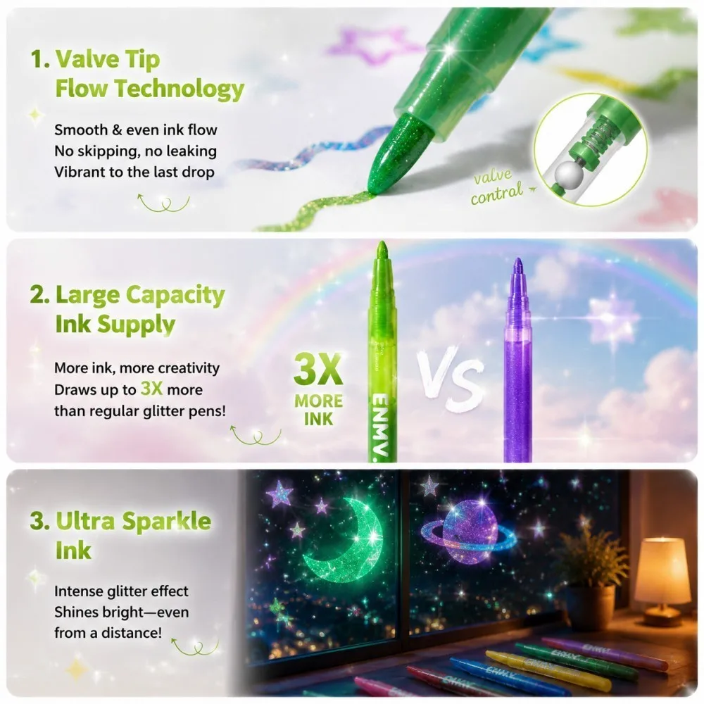 12-24 Color Strobe Glitter Markers 3.5mm Metallic Glitter Colored Pen for Paper Cardstock Diary Drawing Marking Coloring DIY Art