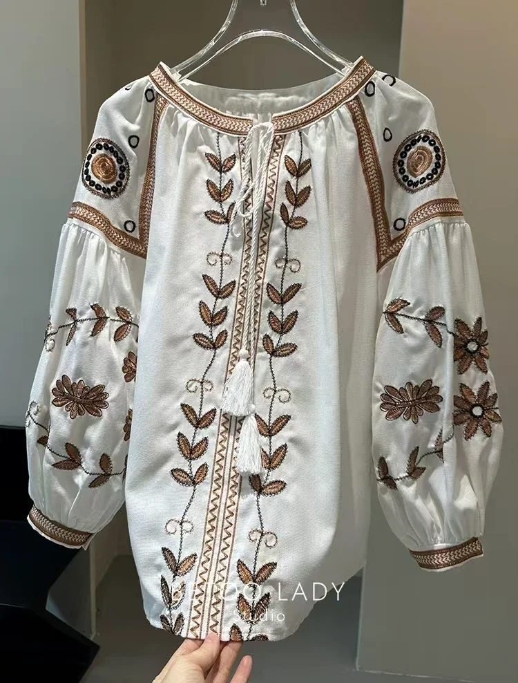 Neue Herbst Stickerei Baumwolle Len Shirts und Bluse frauen Laterne Hülse Top Blusas Frauen Kleidung