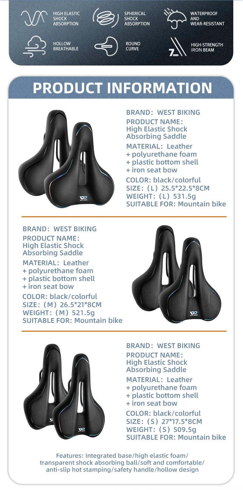 WEST BIKING Weicher Komfortabler Fahrradsattel Hochelastisch Stoßdämpfend MTB Rennrad-Sitz Hohl Atmungsaktiv Breiter Fahrradsitz – Detail 2