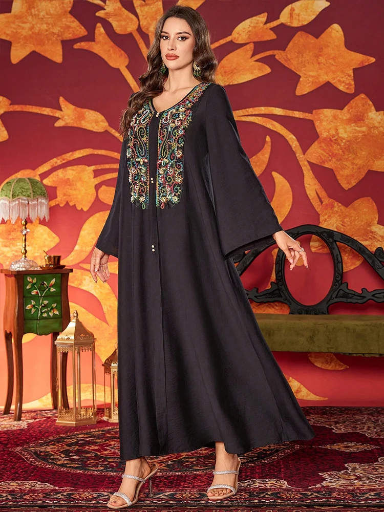 TOLEEN Damen knöchellange Kleider, elegante arabische bunte Seil-Stickerei, prächtige muslimische Robe, elegantes Party-Abendkleid