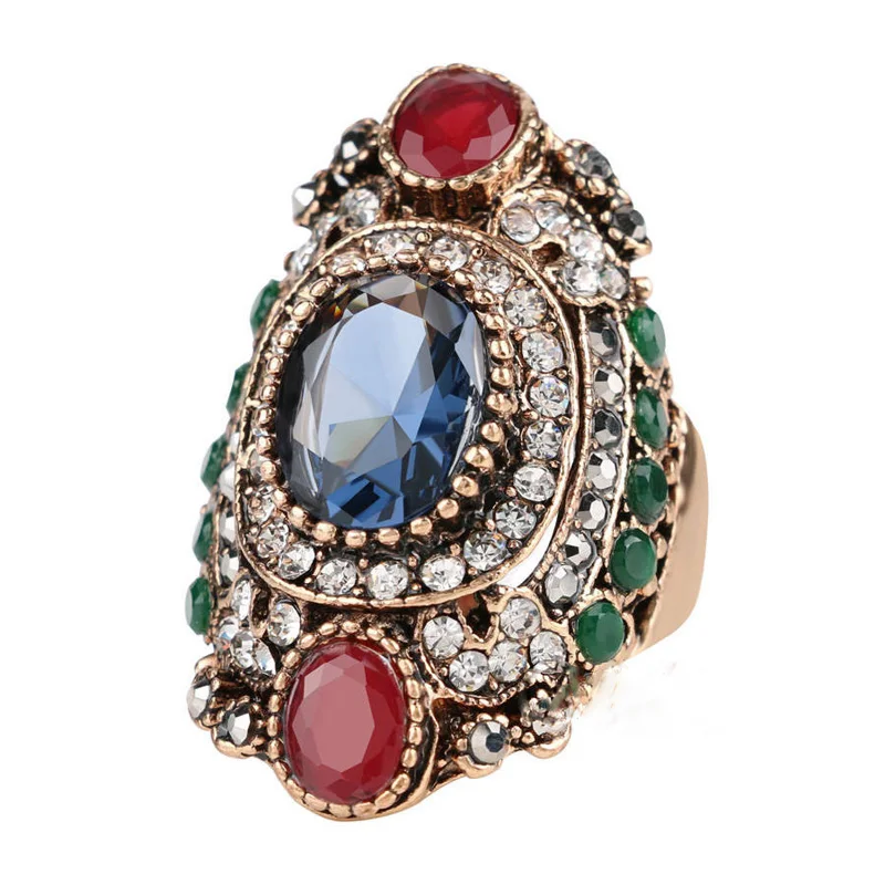 Anéis de Noivado Femininos Punk 2026 em Ouro com Cristal Grande e Opala, Anéis Turcos para Mulheres, Joias Medievais Vintage, Anel Bulgária