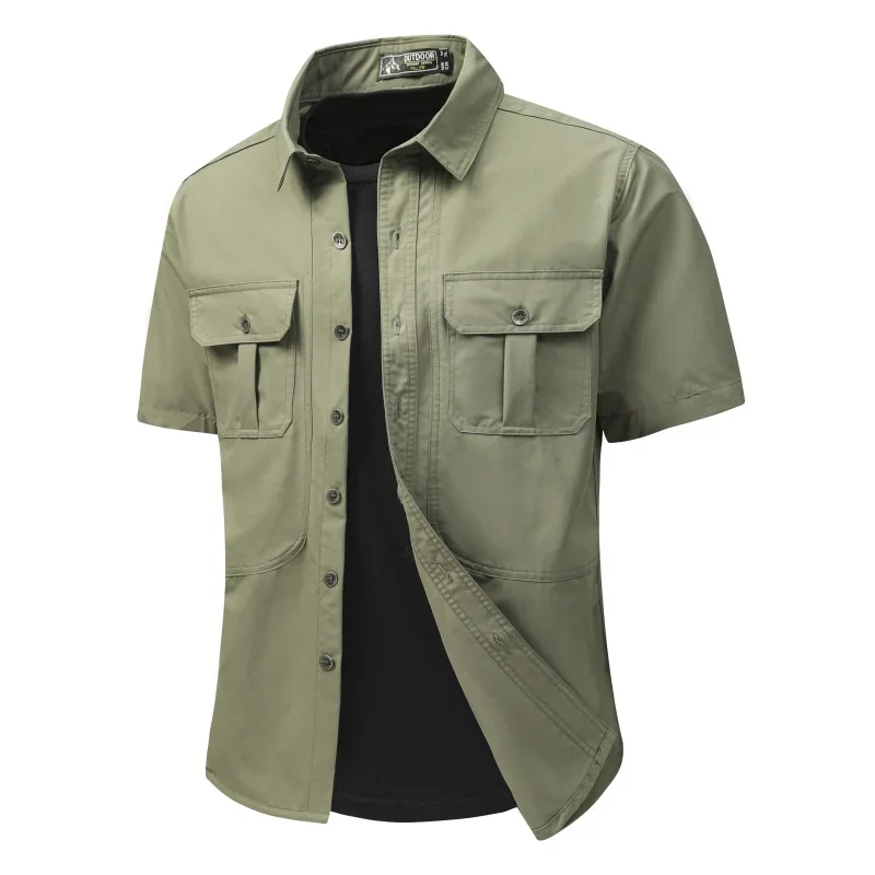 

2025 Men's New Fashion Casual Military Tactical Shirt Summer Short Sleeve Solid Color Cargo Work Shirts with Pocket Men's Short