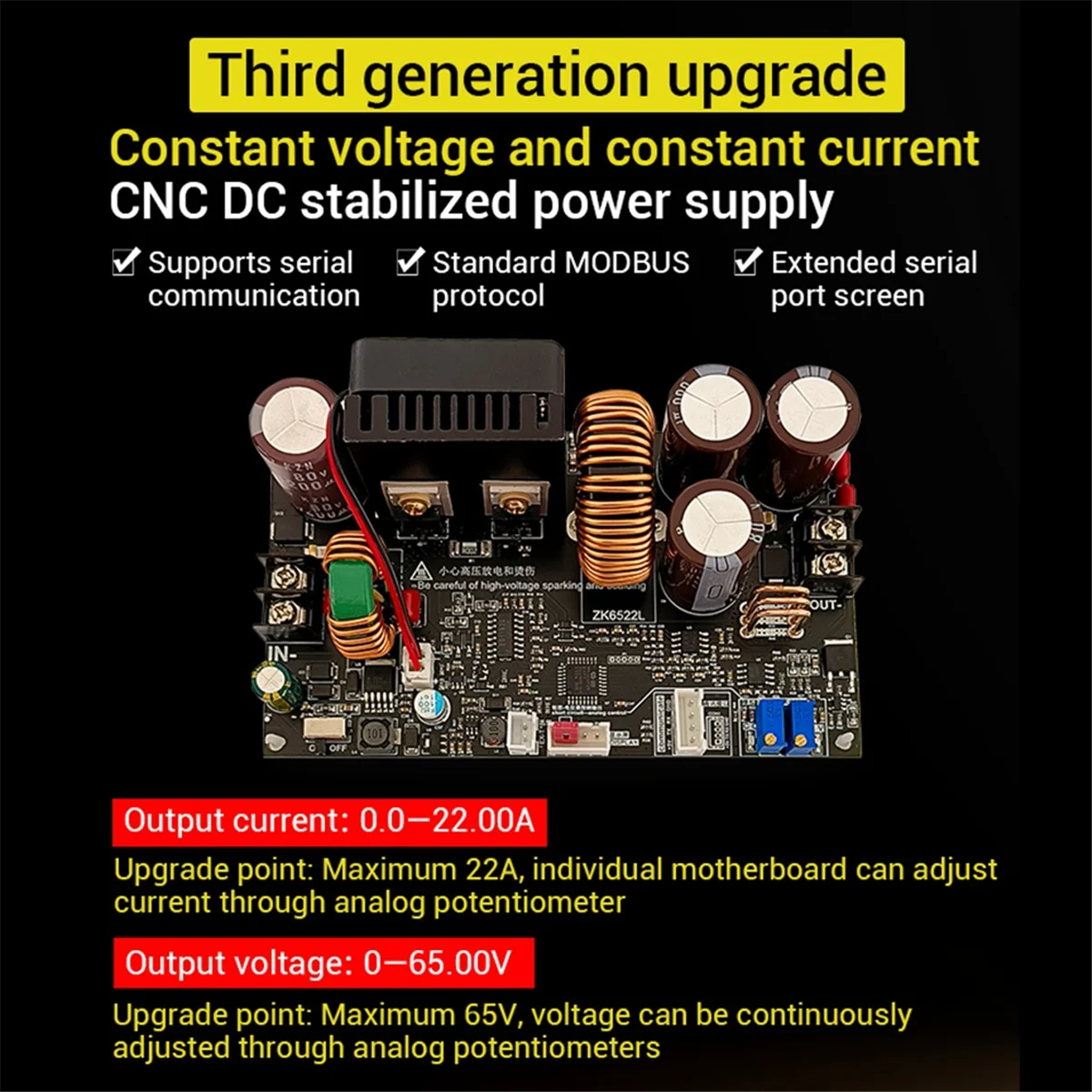 CNC Step-Down Power Supply, tensão ajustável, tensão constante, corrente constante, módulo, 6522, 22A, 65V