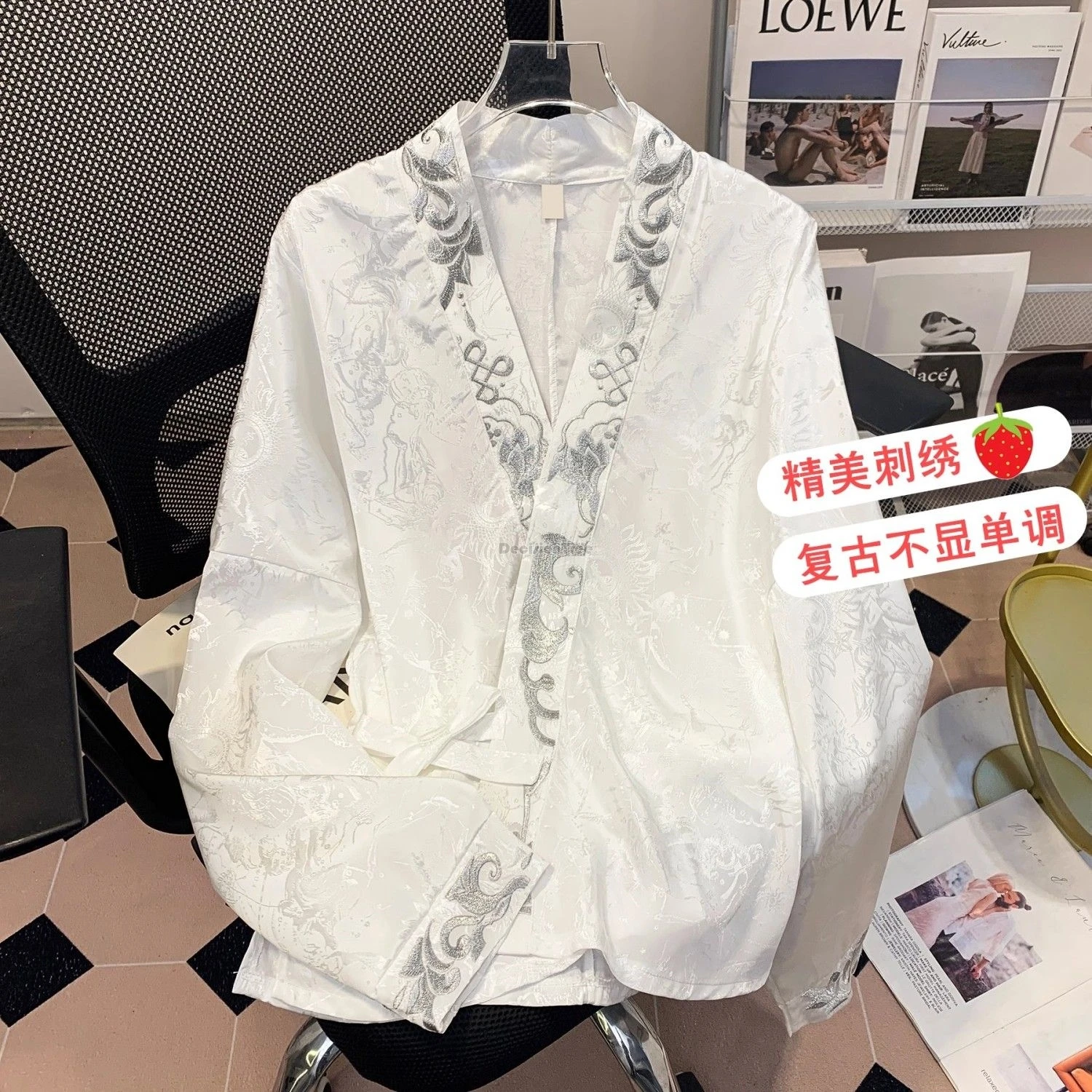 2024 new chinese style embroidery v-neck long sleeve tang suit shirt blouse lace-up jacquard loose casual women daily shirt w868