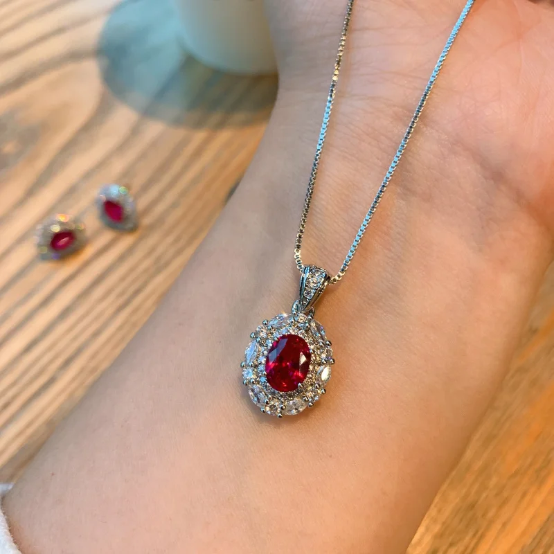 Jewelry Pigeon Blood Ruby Necklace European and American Exaggerated Colorful Gemstone S925 Silver Needle Earrings Banquet Jewel