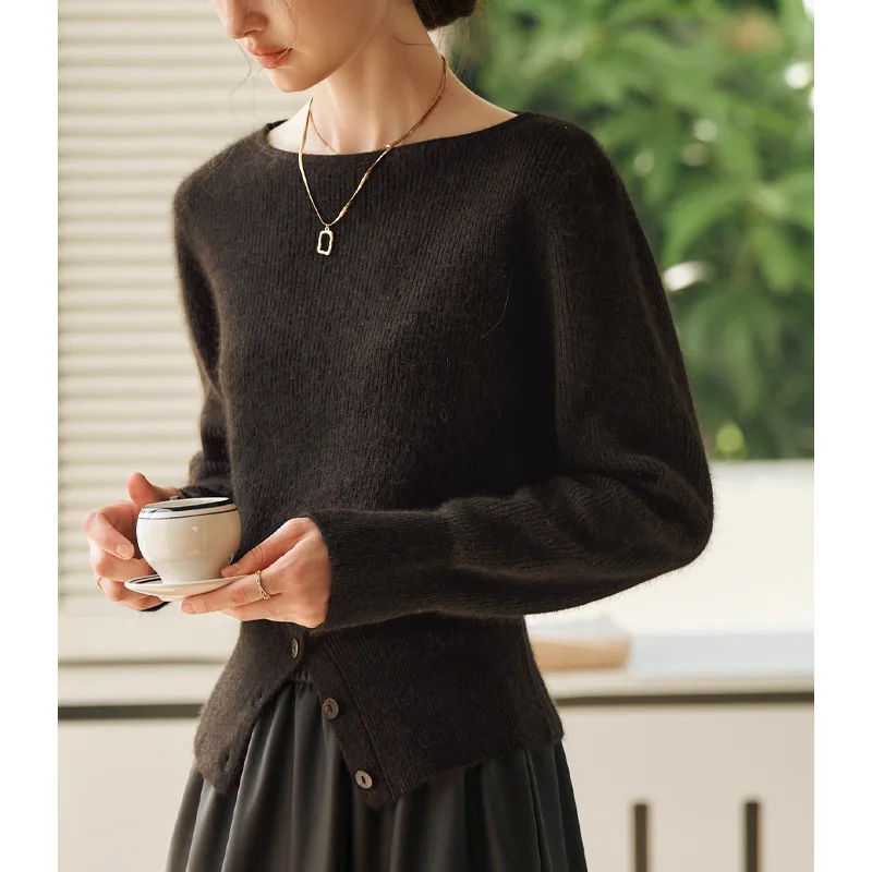 2025 スリットヘム ウエストシェイプ オーバーヘッド ポリエステル繊維 カジュアルスタイル フレンチスタイル ワンショルダー レディースニットウェア 秋