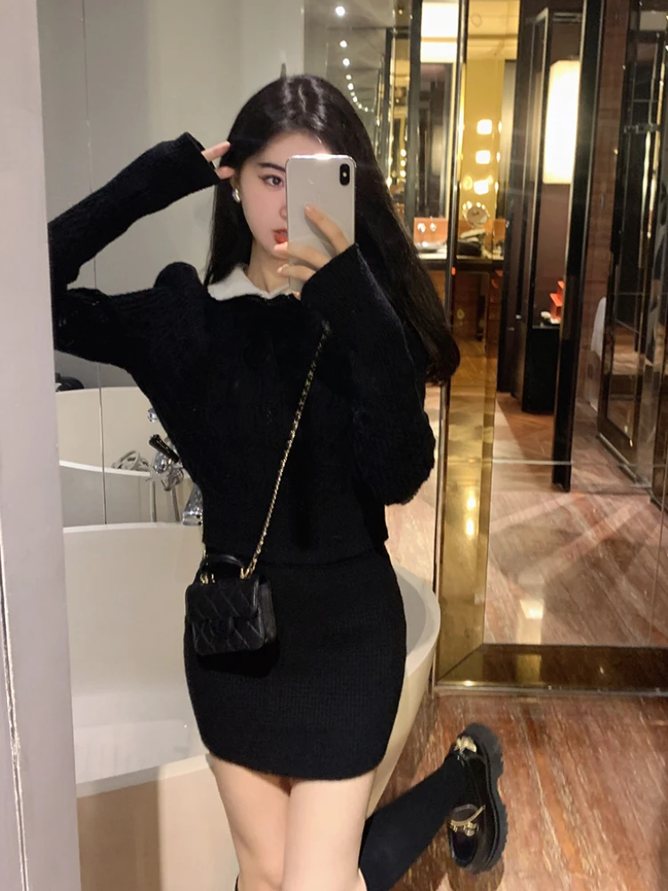 Autumn Kawaii Knitted Two Piece Set Women Casual Bow Sweet Mini Skirt Suit Female Korean Fashion Warm Elegant Sweater Set 2022