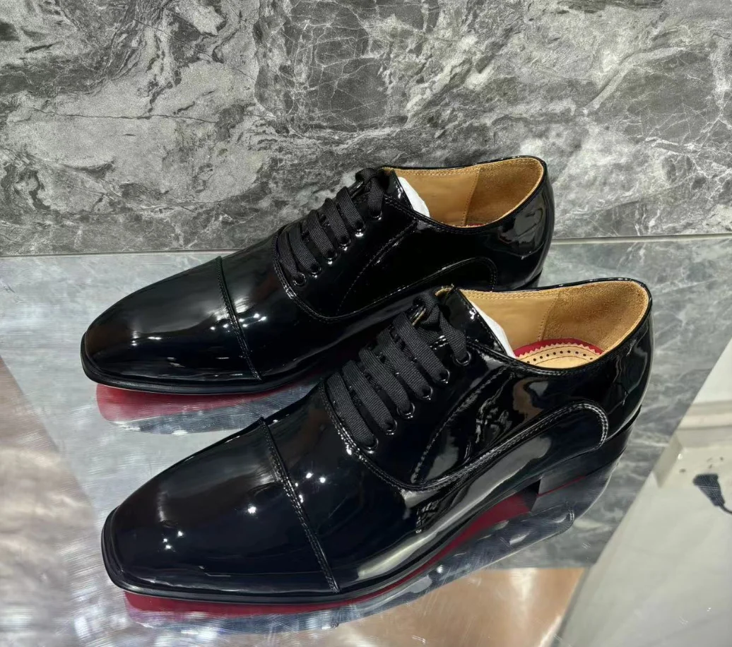 Black Leather Shoes Glossy Small Square Toe Lace-up Loafers Business Dress Men\'s Leather Shoes Spring  Formal Wedding Shoes