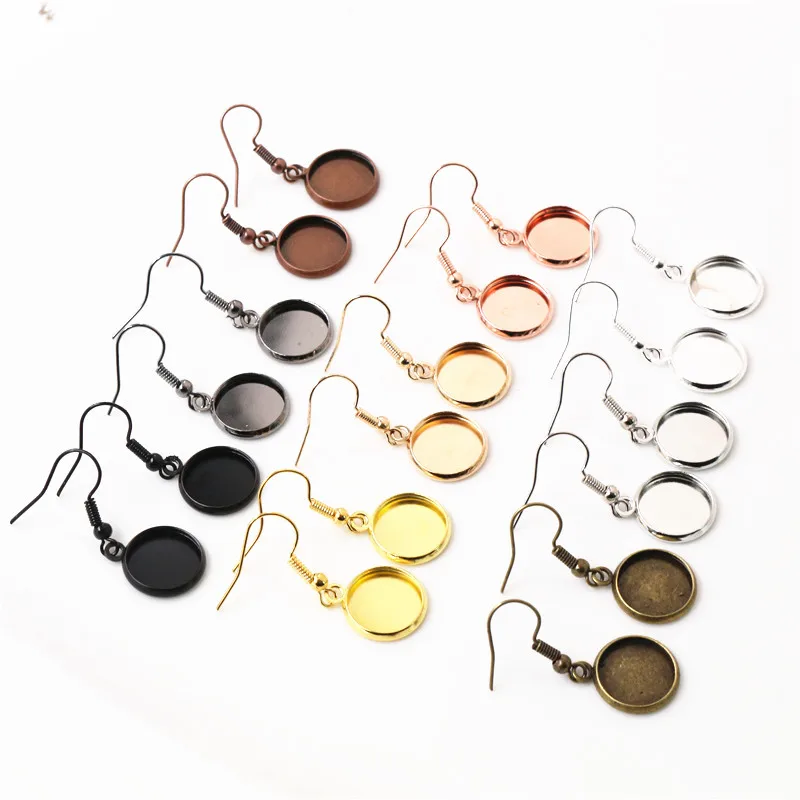 12mm 10pcs/Lot Tray Bezel Cabochon Earring Hook Blank Setting Round Pendant Ear Base Findings For DIY Glass Cameo Jewelry Making