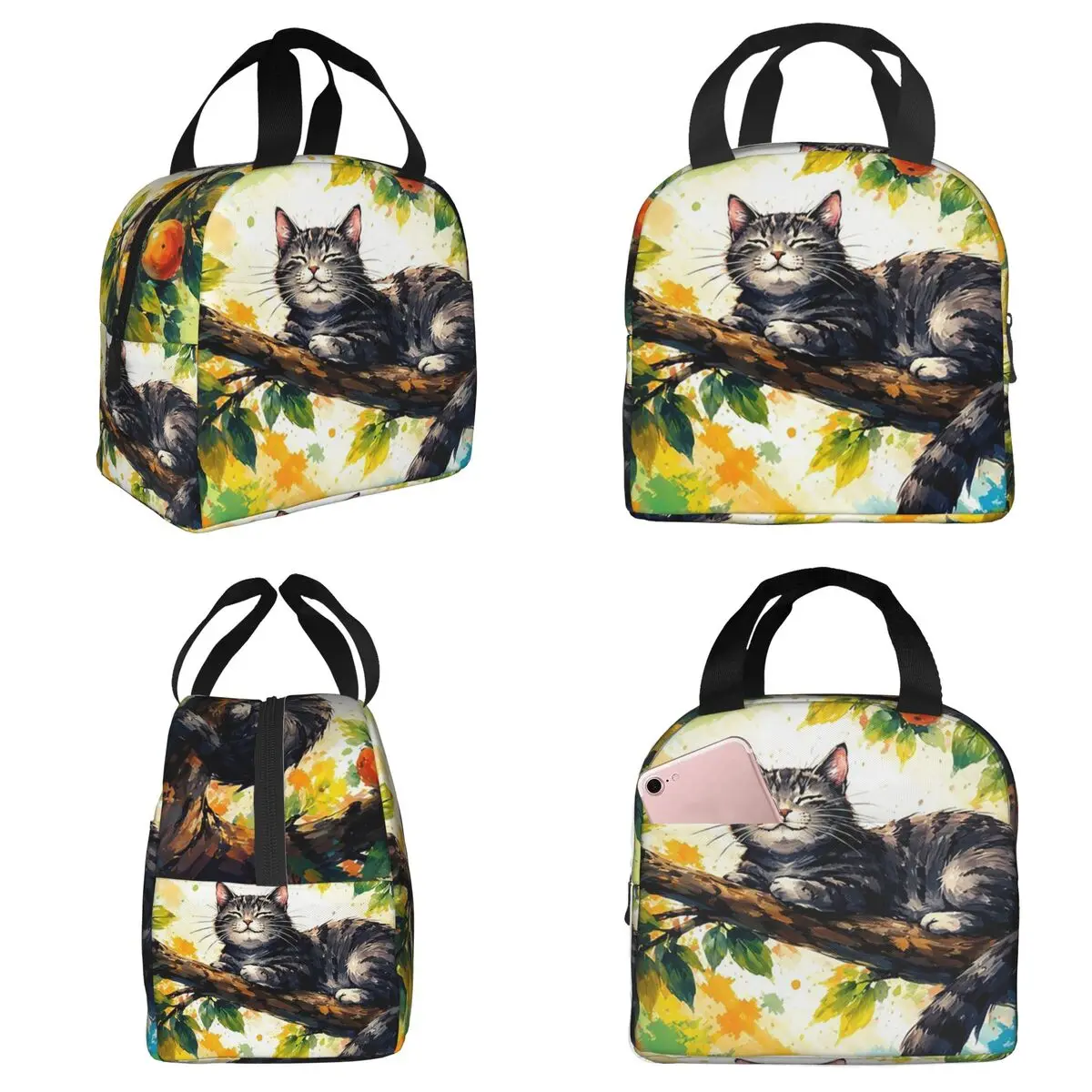 

Cat Sleeps On A Tree Branch Insulated Lunch Bag for Kids School Cooler Thermal Food Box Tote Portable Lunch Boxes Container