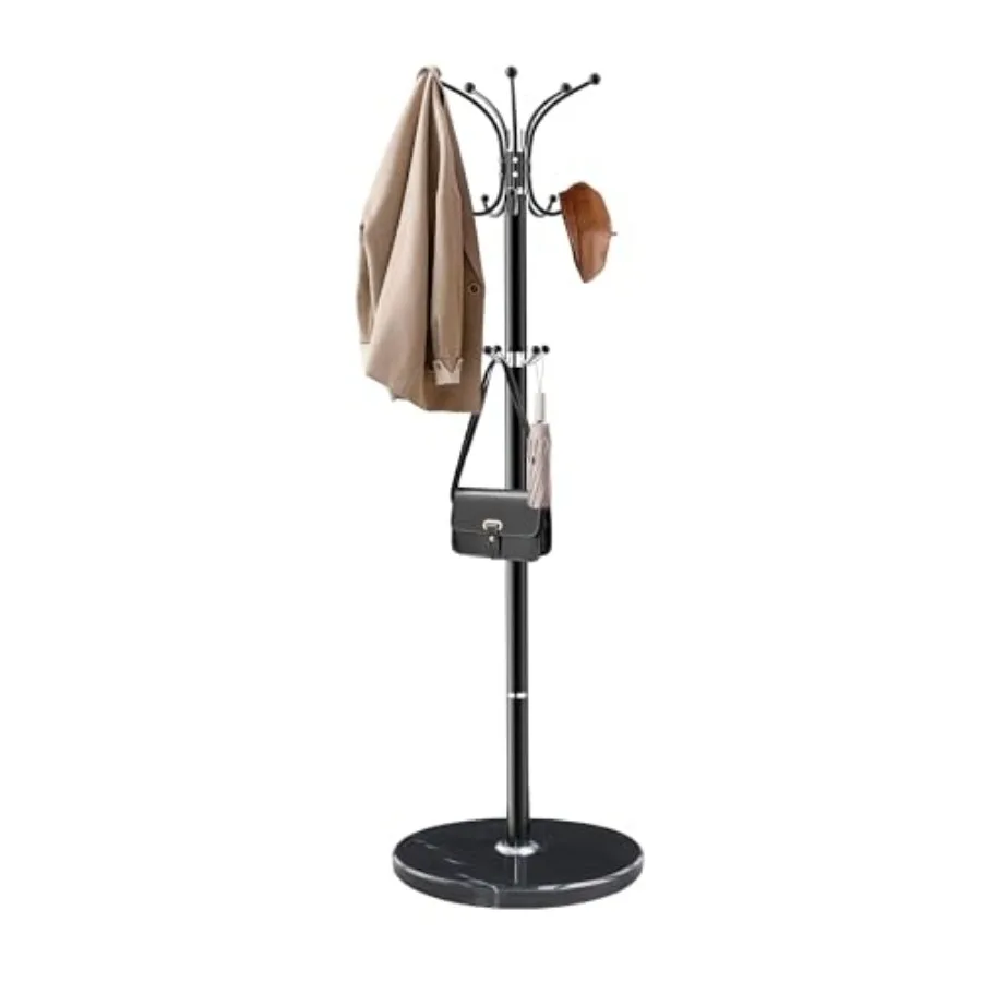 

Metal Coat Rack with Natural Marble Base, 360°Rotary Coat Rack Stand with 14 Hooks, Modern Freestanging Coat Racks, Black Coat