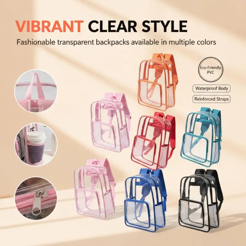 Clear PVC Waterproof Backpack Adjustable Straps See Through Transparent Bag for Work Travel School Daily Use