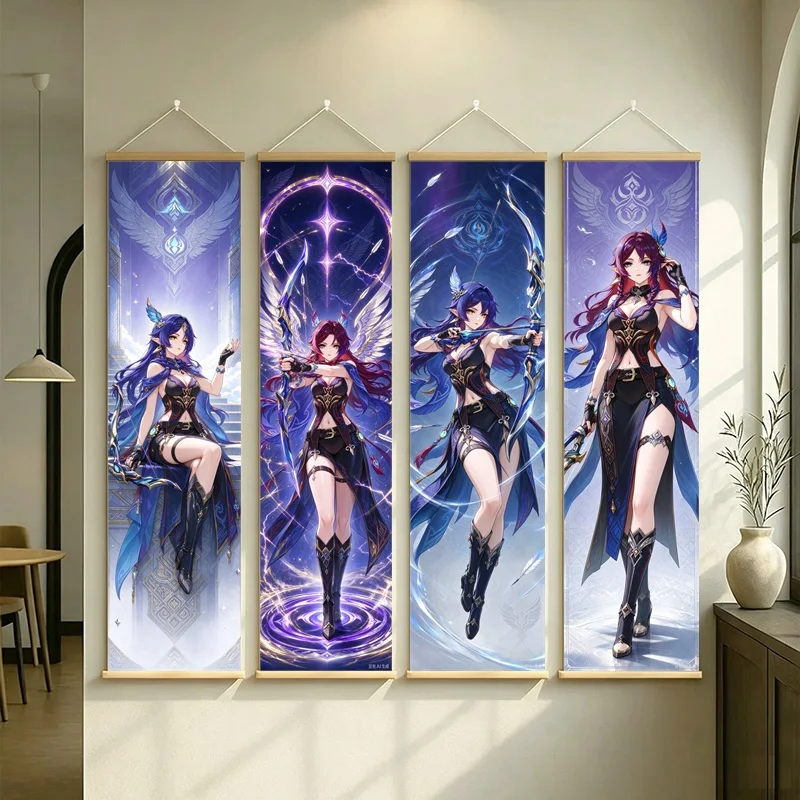 Hanging Scroll Wall Art of Genshin Impact Chasca in Purple Celestial Glow on Silver Shimmer Canvas for a Gaming Room