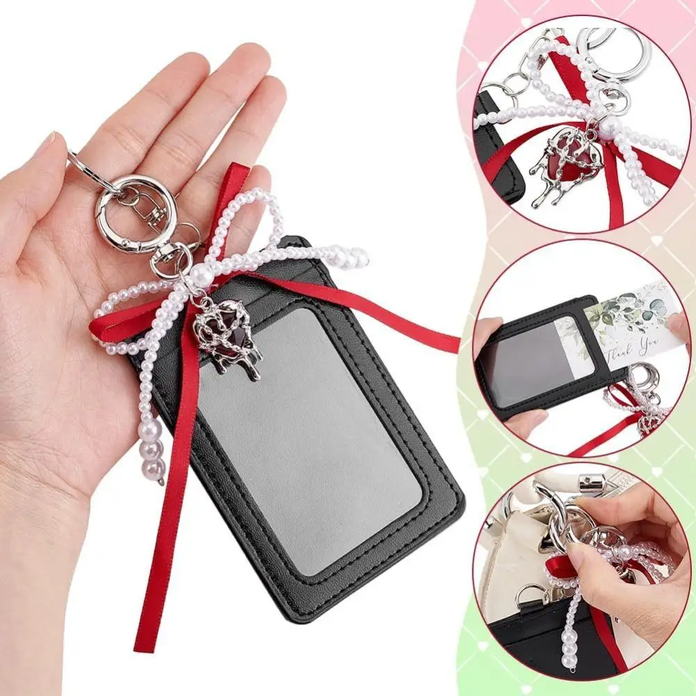 Cute Pearl Bow Photocard Holder Key Ring Hardware PU Leather Badge Holder Clear Window Elegant ID Card Holder Handheld Carrying