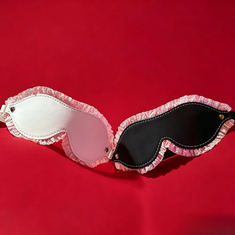 Blackout BDSM Blindfold, Cute Maid Cosplay Eye Mask, Pink Lace PU Leather, 100% Light-proof Mask for Adult Flirting Game 18+