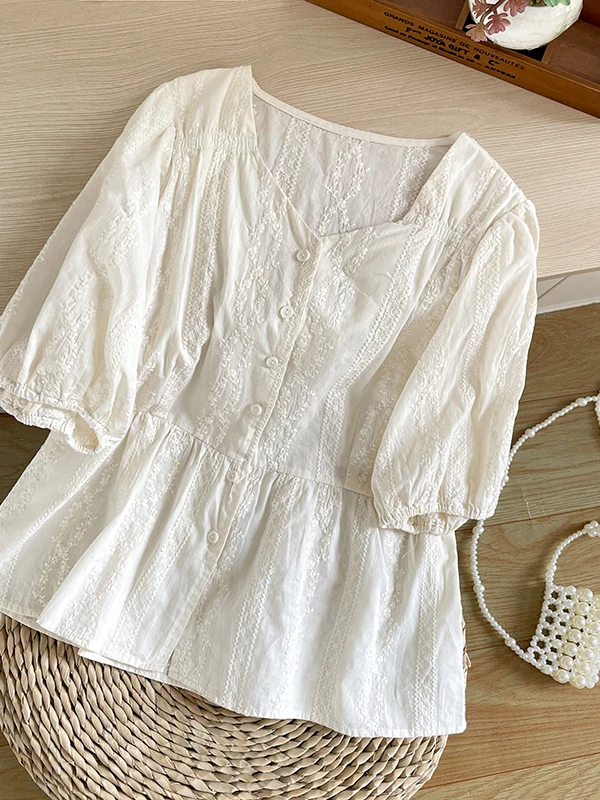 

Summer Artistic Lantern Sleeve Embroidered Shirt Large Size Women's Sweet V-Neck Short Sleeve Dressy Top Cotton Polyester Blend