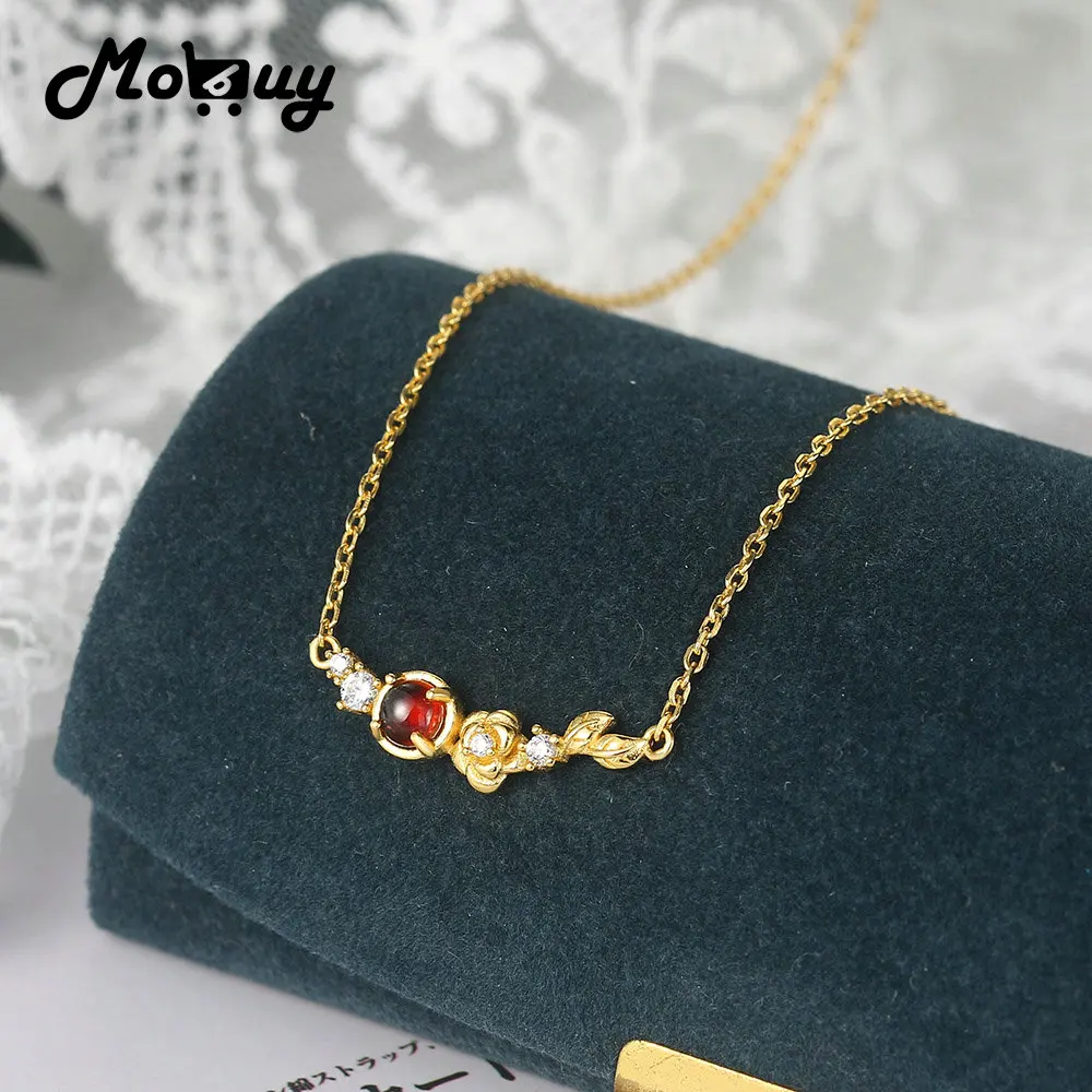 

MoBuy натуральный гранат кулон с драгоценными камнями ожерелье для женщин стерлингового серебра 925 пробы цветок камелии 14 К позолоченные ювелирные изделия