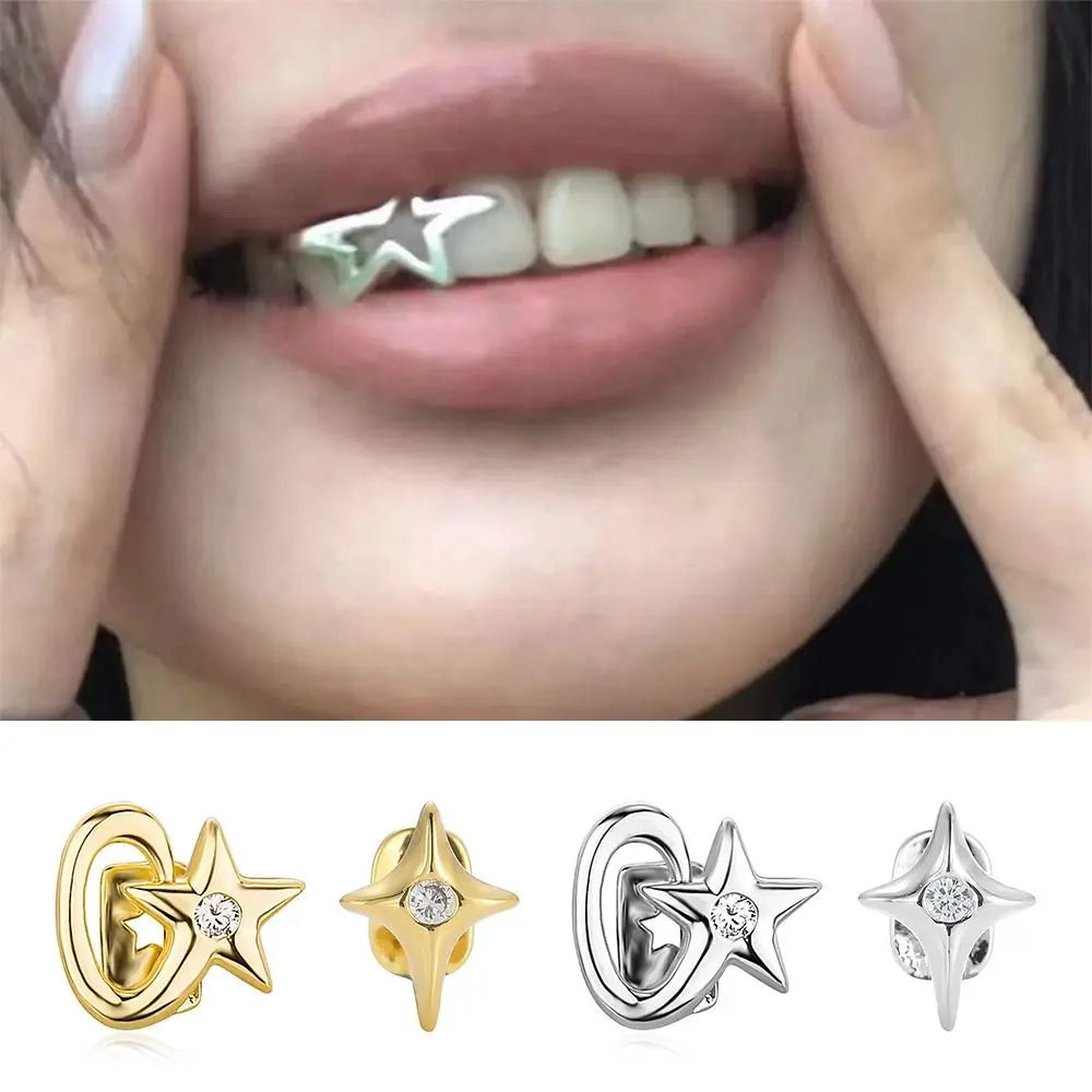 New Copper Hip Hop Teeth Grillz Pentagram Star Punk Single Clips Grillz Gangsta Removable Top & Bottom Grillz Body Jewelry