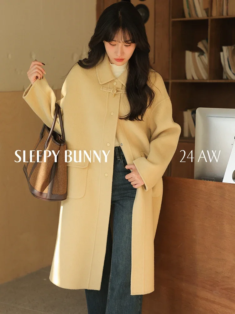 

Winter Fashion Loose Double-Sided Wool Coat Women Elegant Long Sleeve Warm Duffle Button Overcoat Korean Style Chic Outerwear