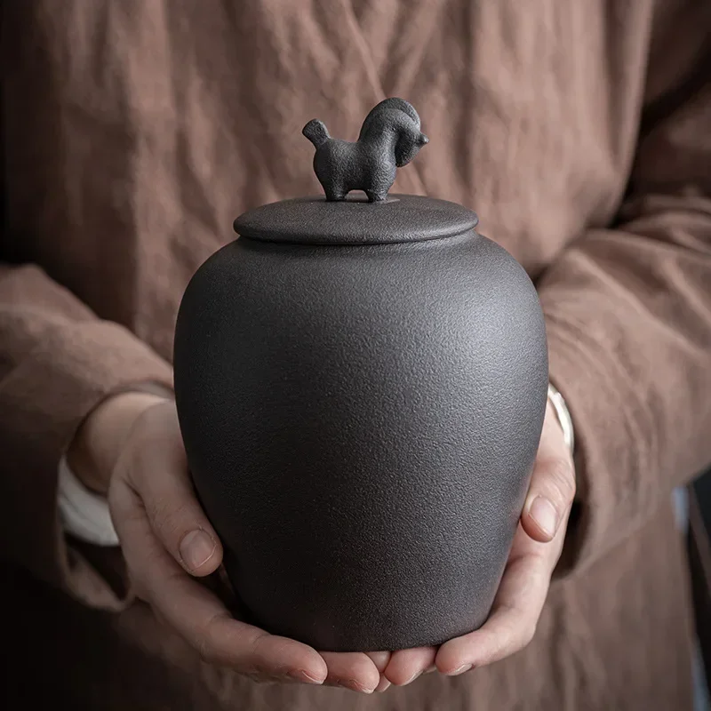 Horse Ceramic Sealed Tea Jar Room Decoration Food Storage Black Porcelain Container