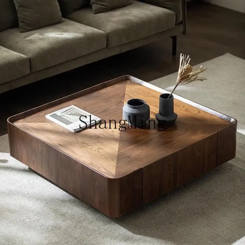 

FG solid wood coffee table living room home retro walnut color square antique TV cabinet home floor cabinet