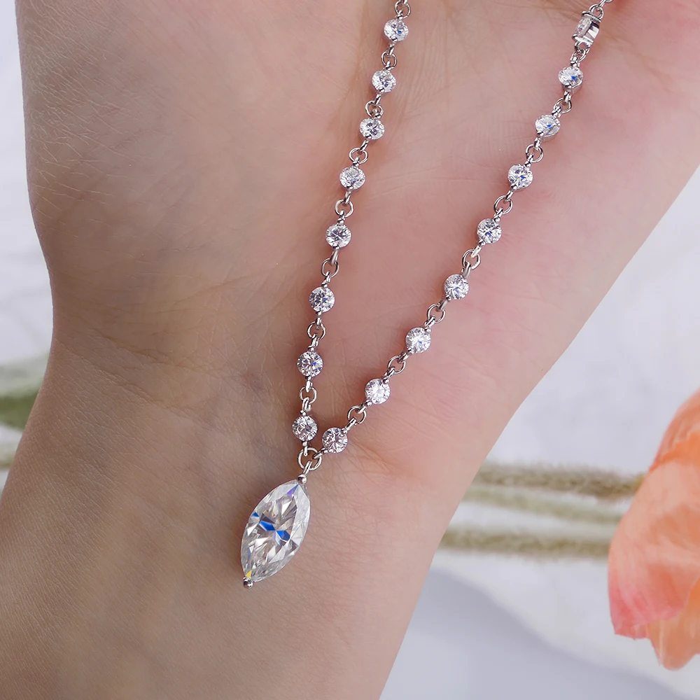 3MM Round Bubble D Color VVS1 Moissanite Tennis Necklace With 3CT Marquise Cut Pendant S925 Sterling Silver Neck Chain For Women GRA Certified Pass Diamond Tester Fine Jewelry With Certificate