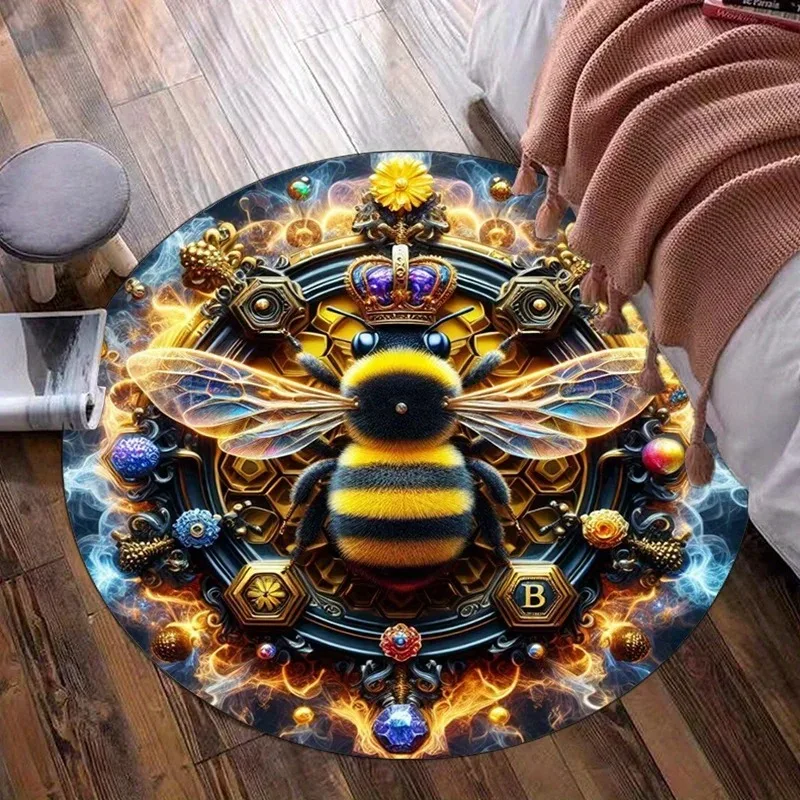 Royal Crown Bee Round Area Rug Soft Floor Carpet Vintage Golden Ornate Gem Insect Print Mat for Living Room Bedroom Home Decor