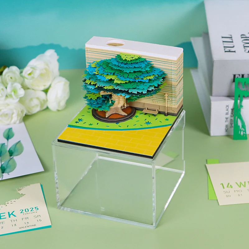 Notepad Calendar 2025 3D Note Paper Carving Model Four Seasons Tree With Light Sticky Note Cube Pen Holder Office Accessories