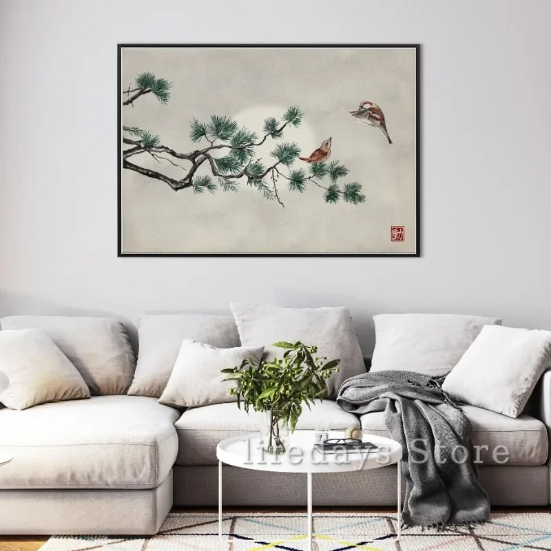 Canvas Painting Japanese Pine Tree And Sparrows Oriental Landscape Ink Minimal Zen Feng Shui Wall Art Room Home Decor Wall Decor