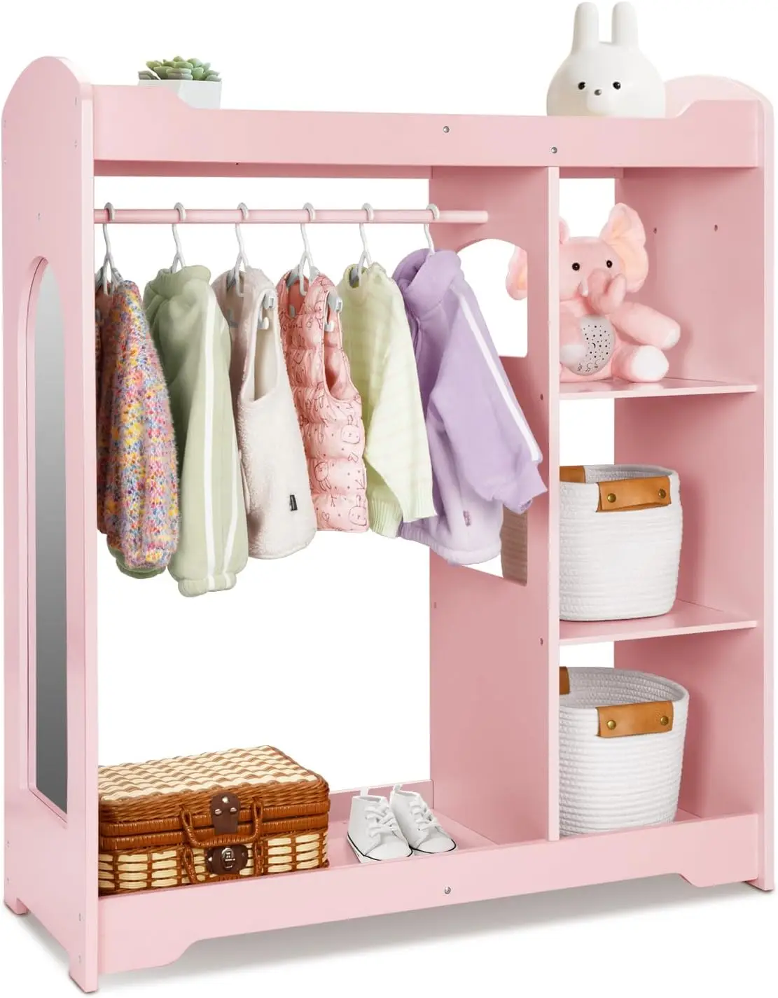 Ack and Armoire مع مرآة، ارتفاع مناسب لتخزين ملابس الأطفال مع جهاز مضاد للطرف، يساعد الأطفال على إدارة الملابس الخاصة،