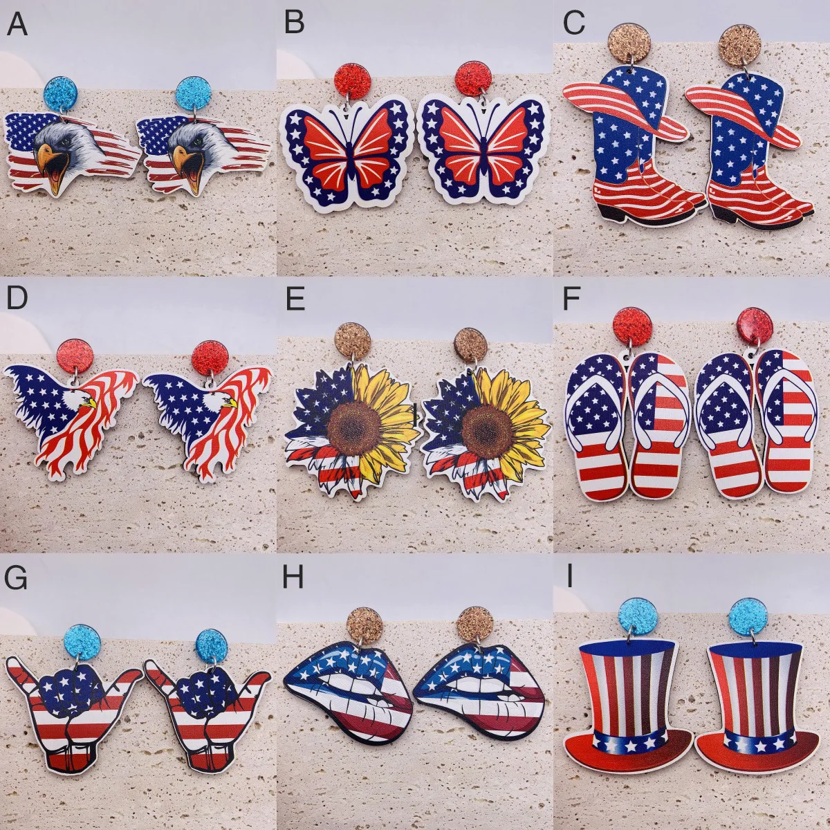 New Independence Day Wooden Earrings American Flag Butterfly Boots Sunflower Pendant Earrings European and American Foreign Trad
