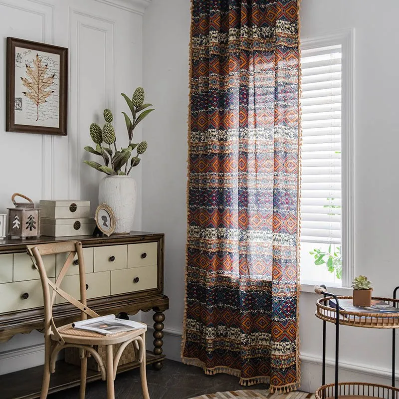 Bohemian Folk Style Cotton Linen Farmhouse Curtain Yellow Square Curtain Living Room Bedroom Window Curtains Kitchen Valance