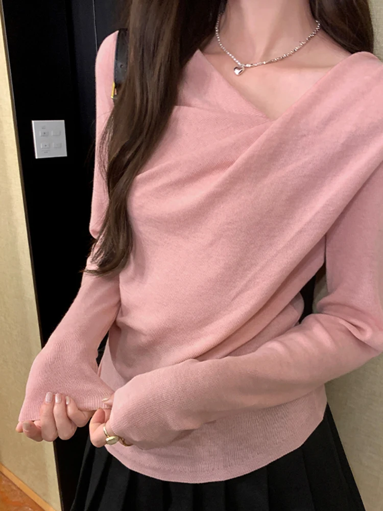 

Solid Color Sweet Elegant Lady Woman Pullovers Korean V-Neck Long Sleeved Knitted Women Pullovers Pink Apricot Blue Black Top