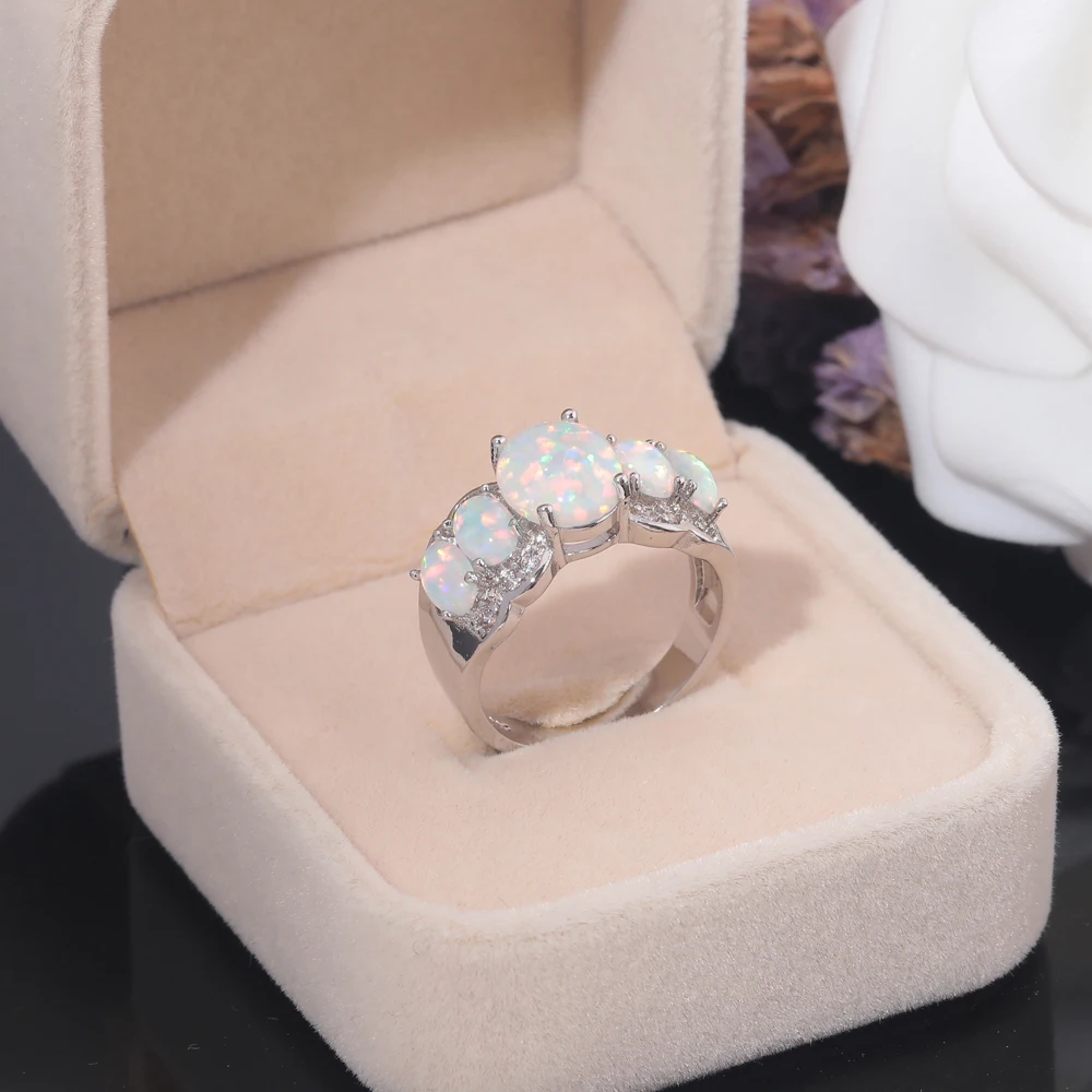 CiNily White Fire Opal Wide Finger Rings Silver Plated Large Oval Stone CZ Crystal Filled Ring Luxury Cocktail Jewelry Female