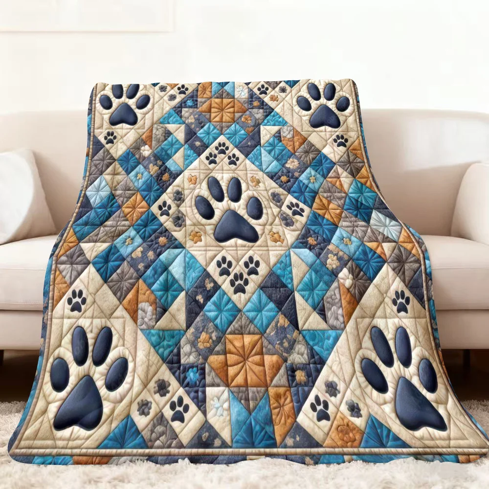 1pc 2D Retro Dog Paw Patchwork Soft Fleece Blanket, Suitable for Camping, Travel, Home Decor - Machine Washable All-Season Cozy